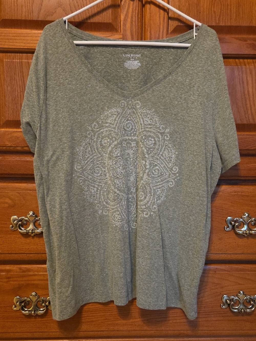 Lane Bryant Olive Green V-Neck Tee with White Medallion Print